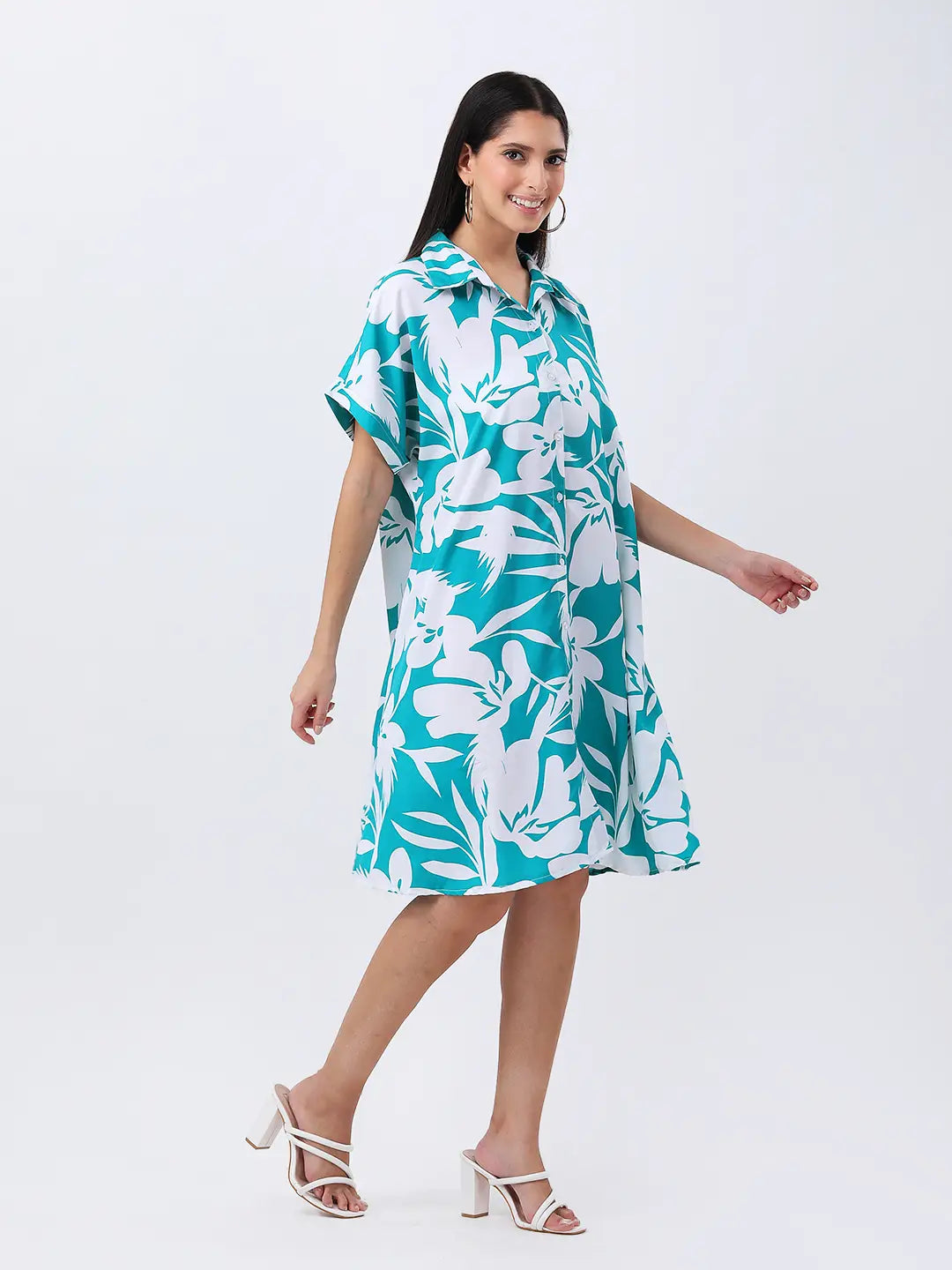Teal floral print shirt dress
