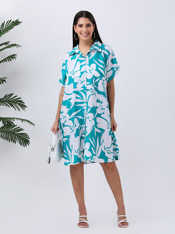Teal floral print shirt dress