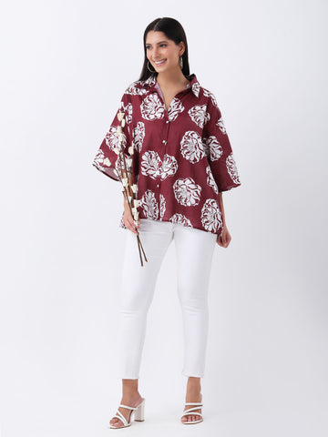 Maroon floral print oversized shirt