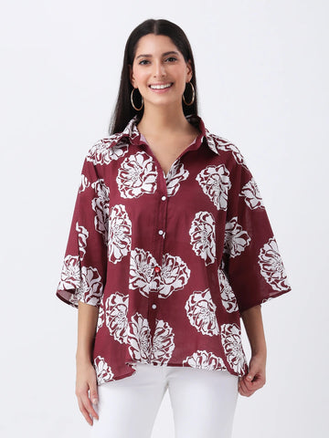 Maroon floral print oversized shirt