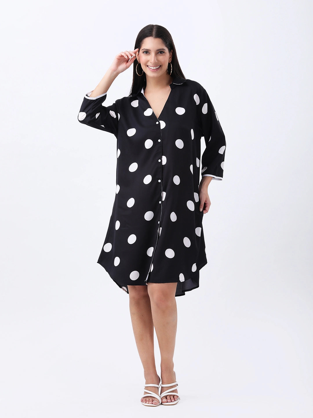 Black polka shirt dress with v neck