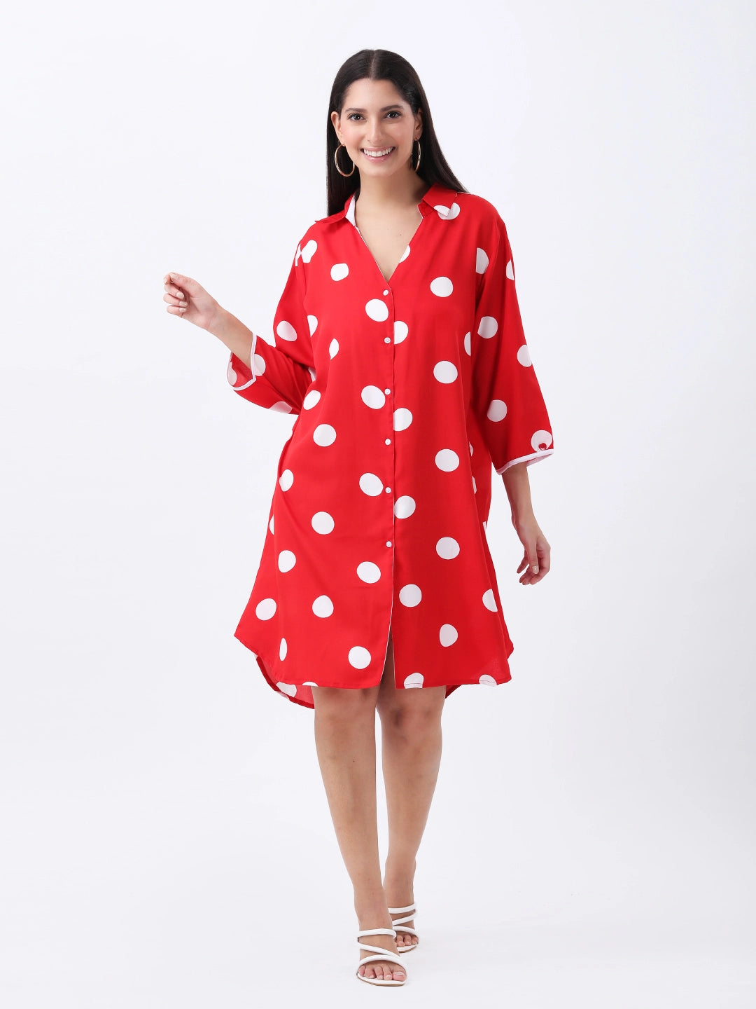 Red polka shirt dress with v neck