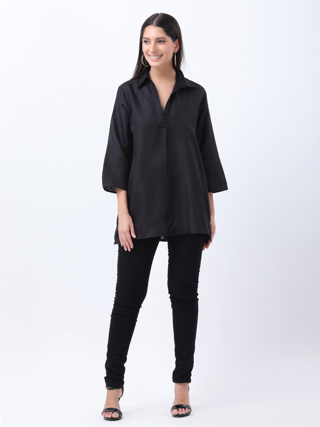 Black rayon half placket shirt with printed pleat in back