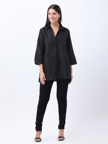 Black rayon half placket shirt with printed pleat in back