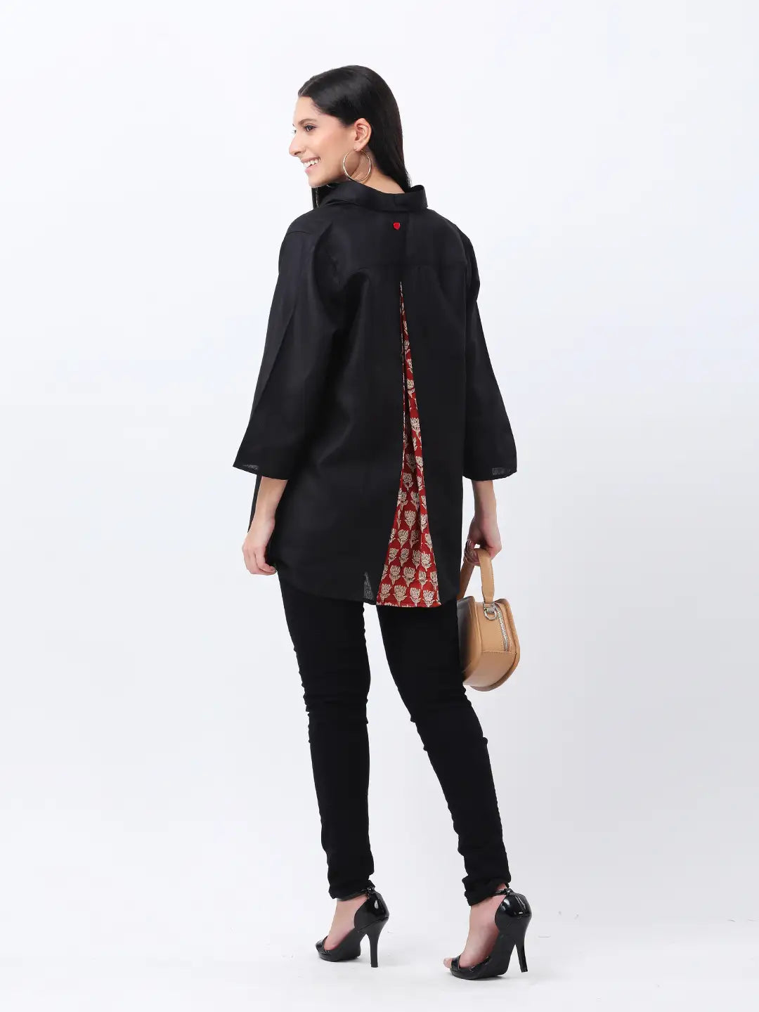 Black rayon half placket shirt with printed pleat in back