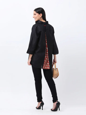 Black rayon half placket shirt with printed pleat in back