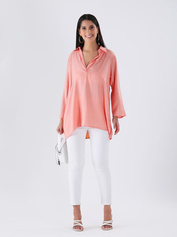 Peach rayon half placket shirt with printed pleat in back
