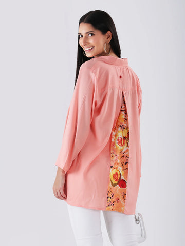 Peach rayon half placket shirt with printed pleat in back