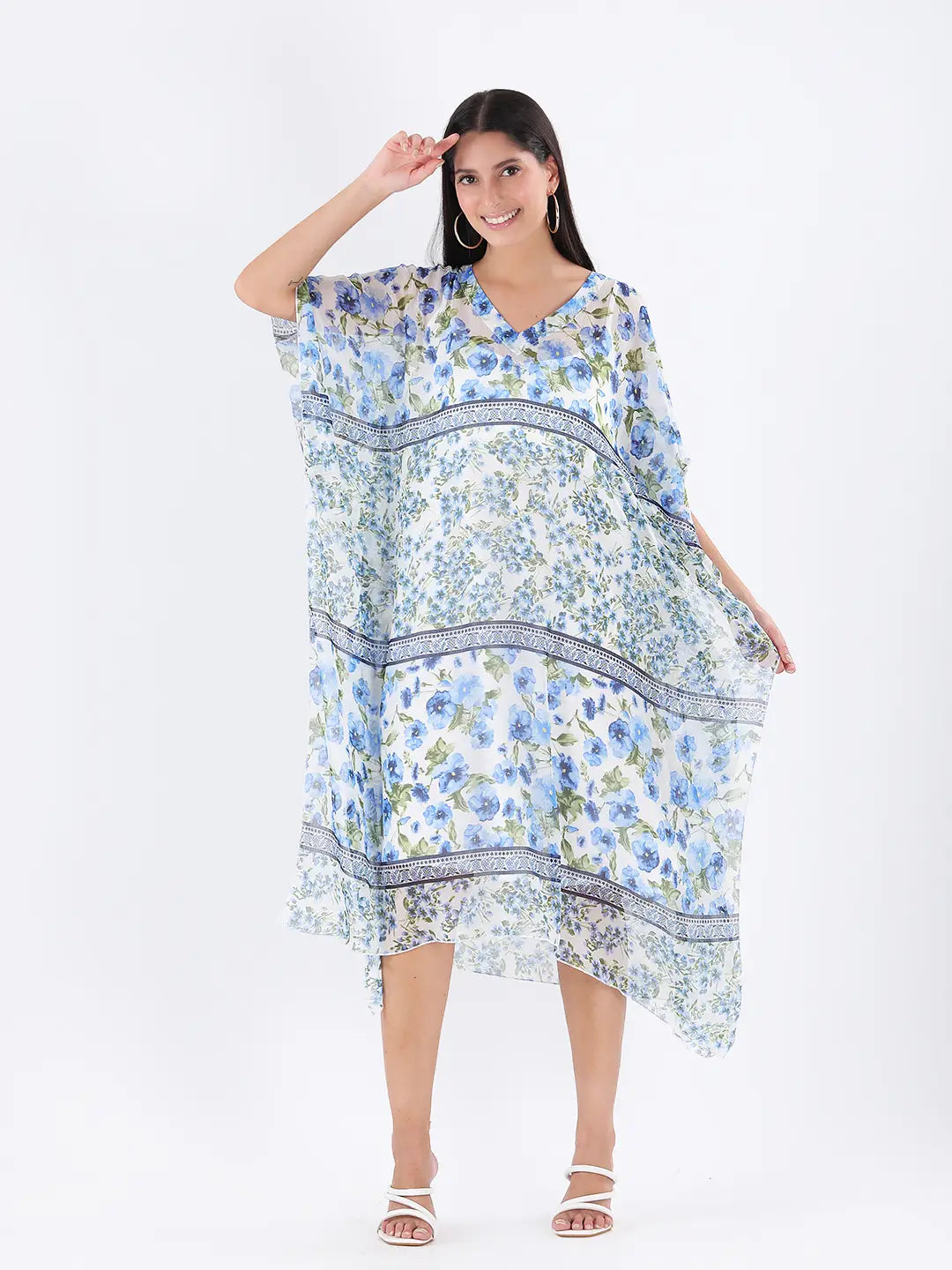 Printed chiffon long v-neck kaftan
