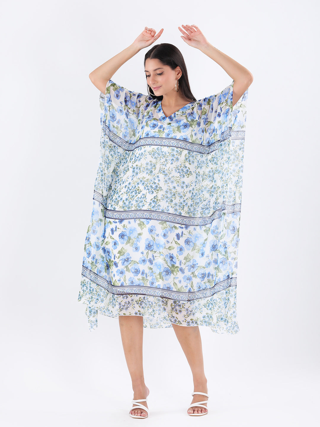 Printed chiffon long v-neck kaftan