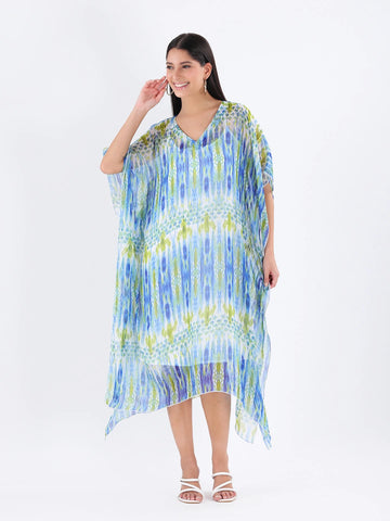 Blue multi print long v-neck kaftan