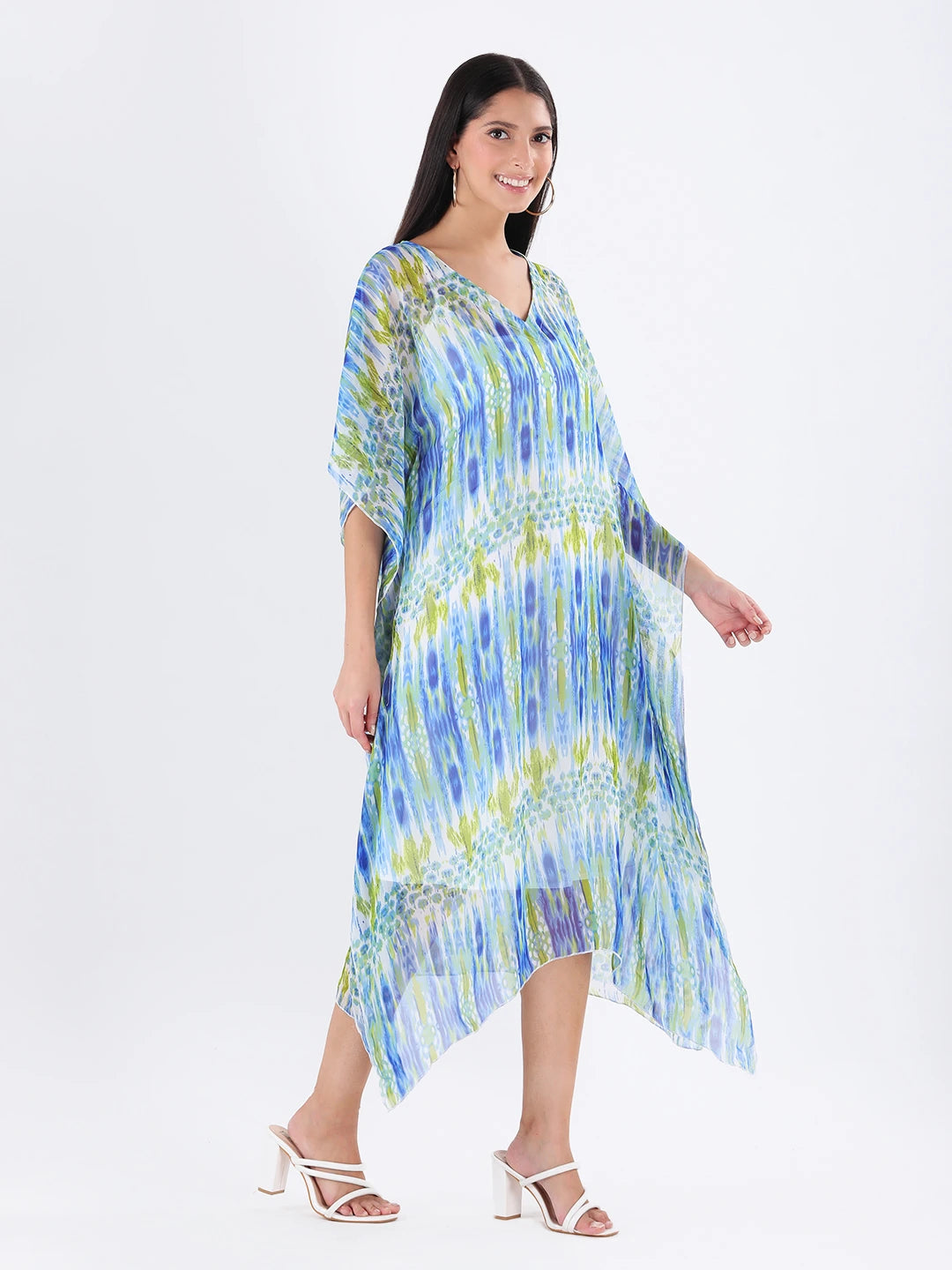 Blue multi print long v-neck kaftan