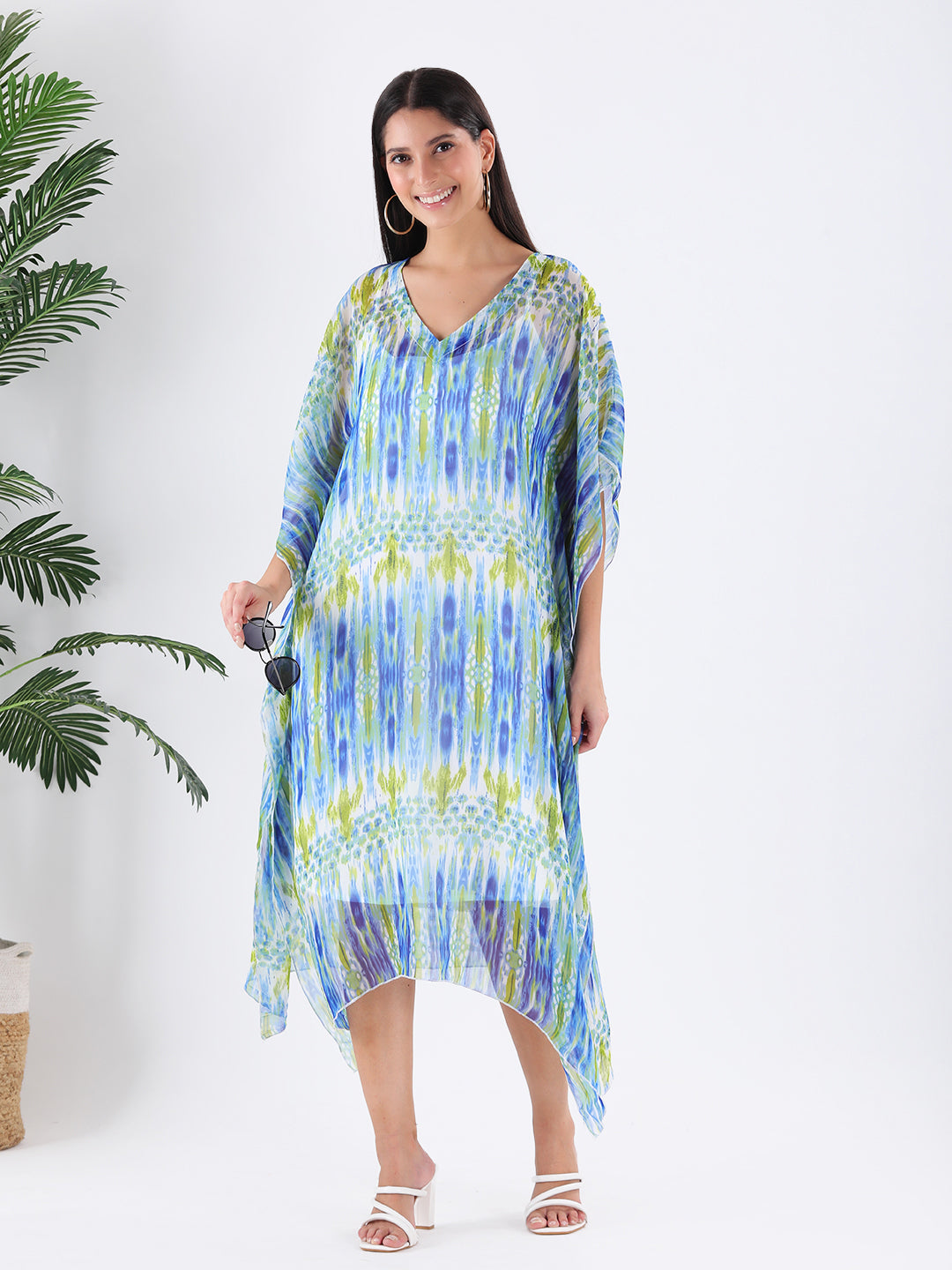 Blue multi print long v-neck kaftan