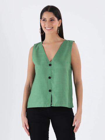 Green cotton slub vest top