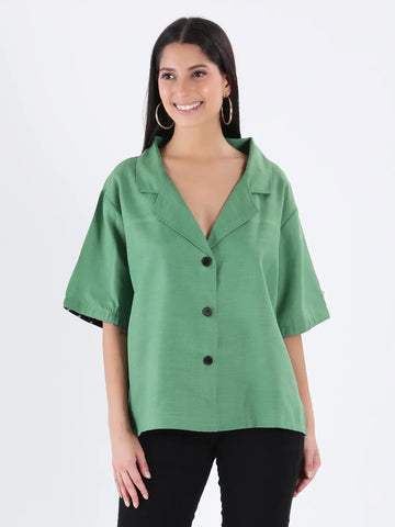 Green cotton slub notch collar shirt