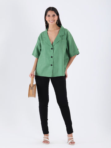 Green cotton slub notch collar shirt