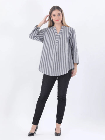 Linen striped Mandrain collar shirt