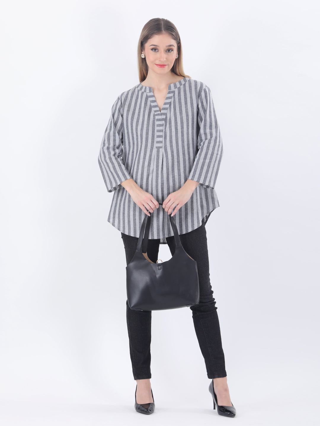 Linen striped Mandrain collar shirt
