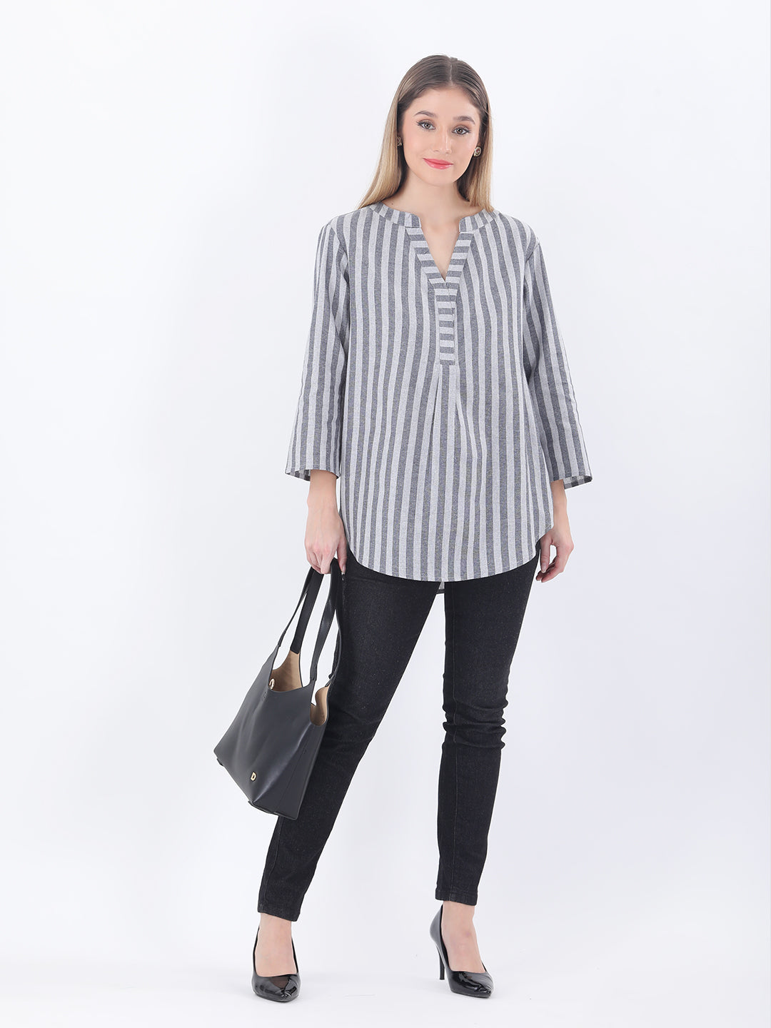 Linen striped Mandrain collar shirt