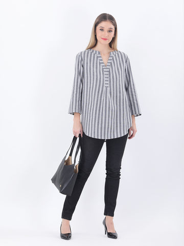 Linen striped Mandrain collar shirt