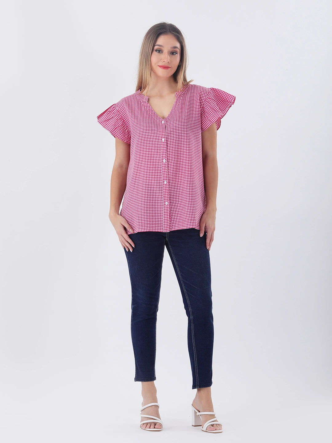 Pink gingham shirt with short frill sleeve