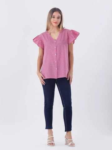 Pink gingham shirt with short frill sleeve