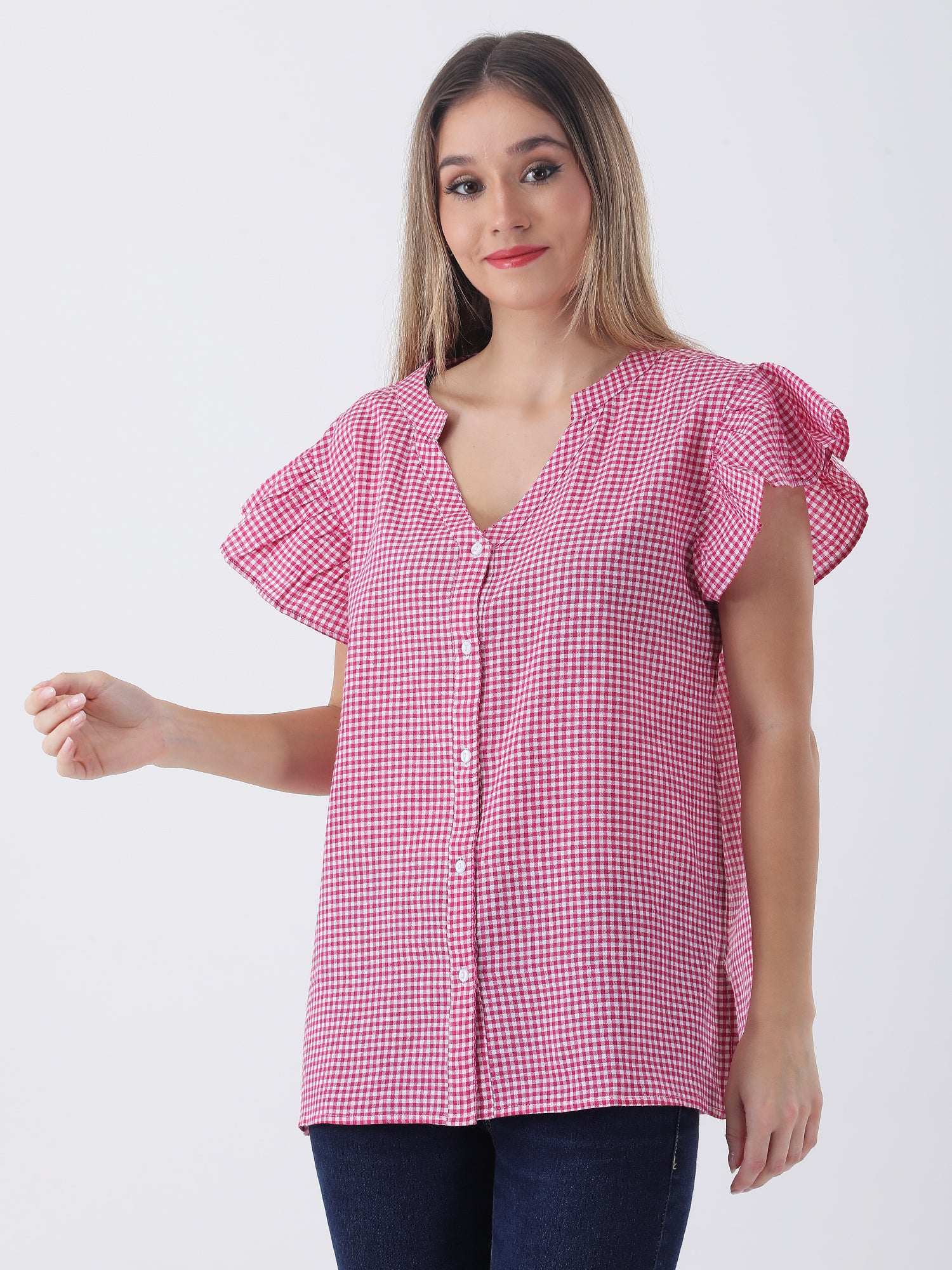 Pink gingham shirt with short frill sleeve