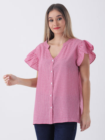 Pink gingham shirt with short frill sleeve