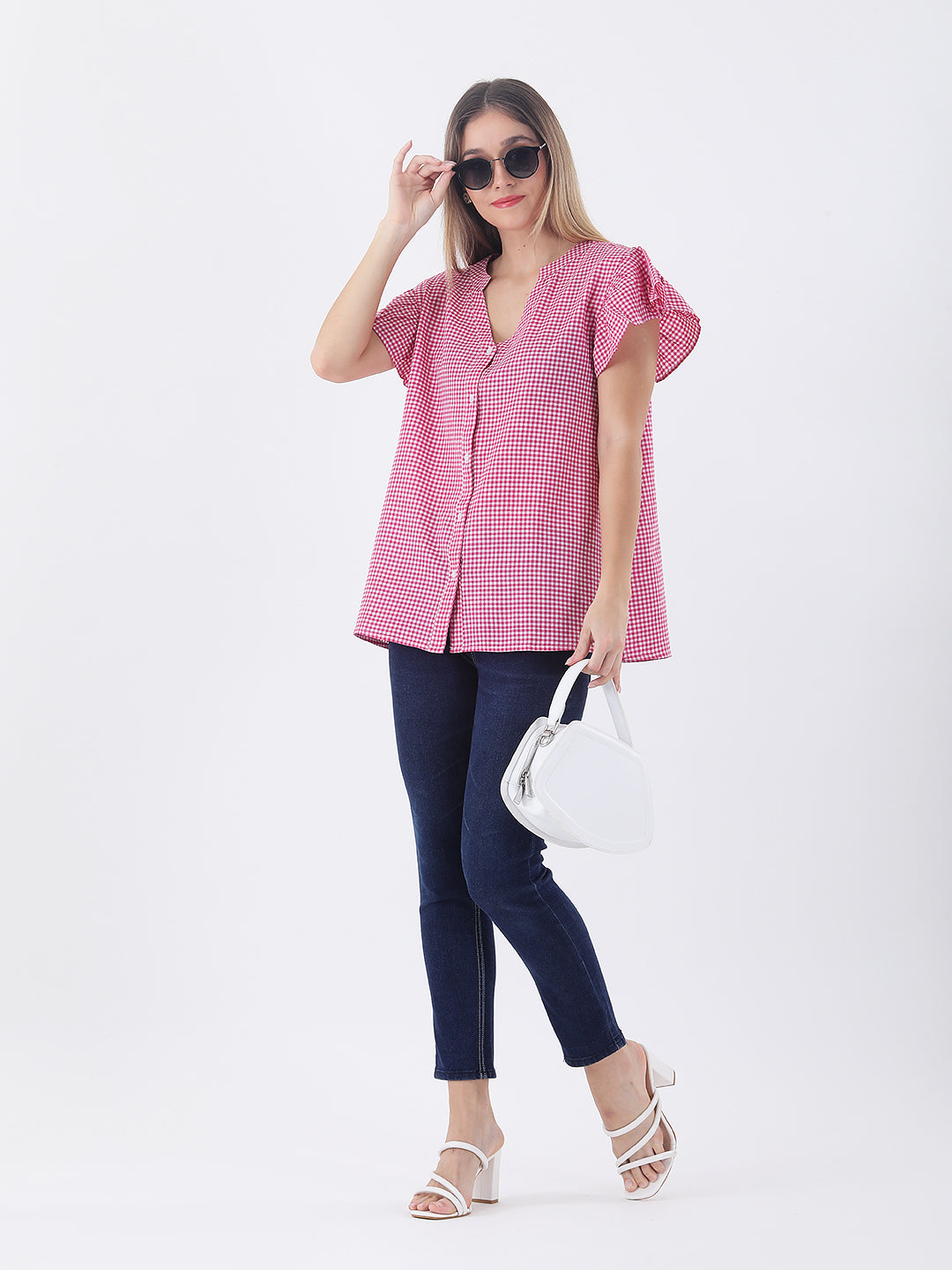 Pink gingham shirt with short frill sleeve
