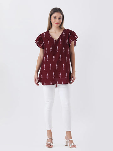 Printed cotton v-neck top with short frill sleeve