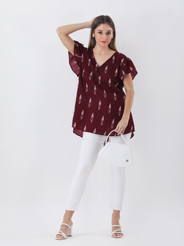 Printed cotton v-neck top with short frill sleeve