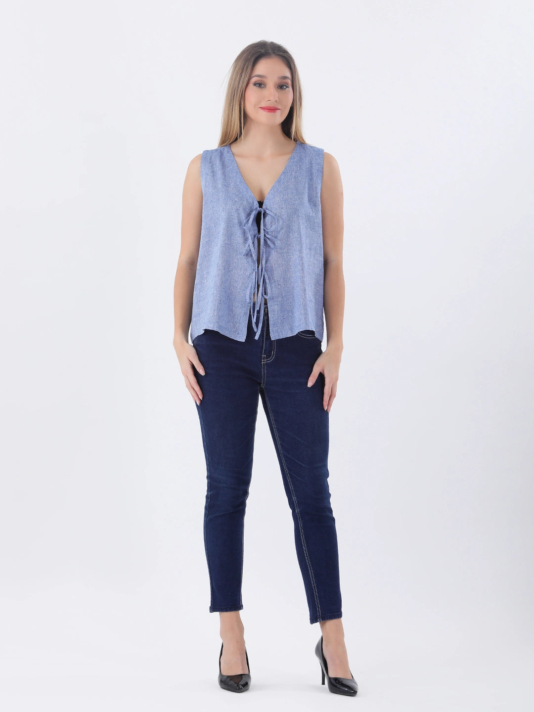 Denim blue linen vest top