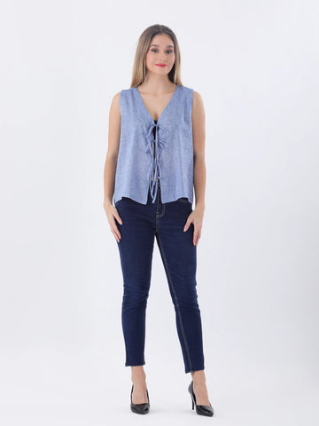 Denim blue linen vest top