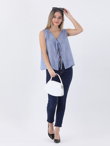Denim blue linen vest top
