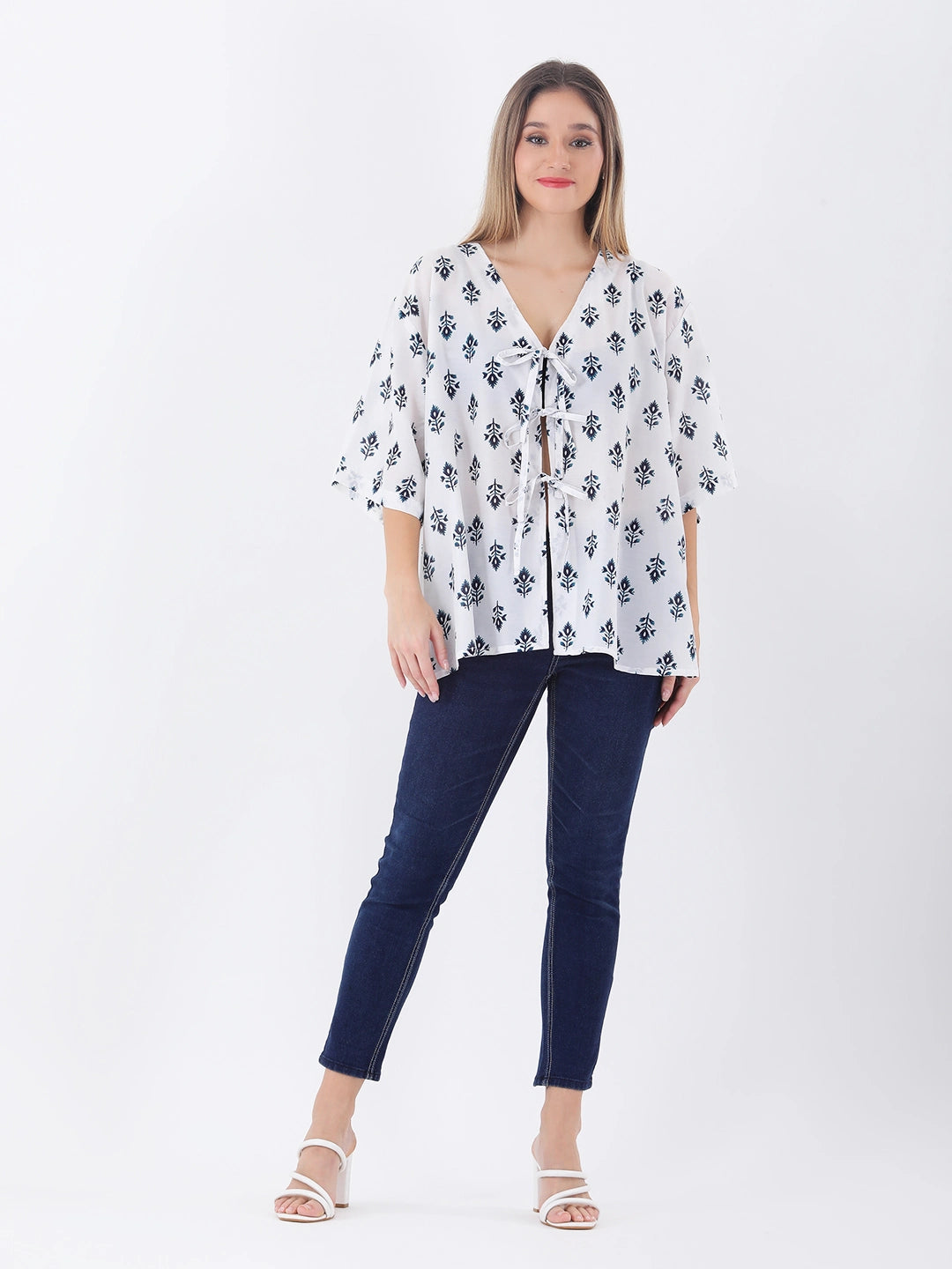 Cotton printed loose fit bow top