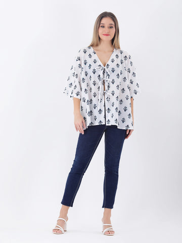 Cotton printed loose fit bow top