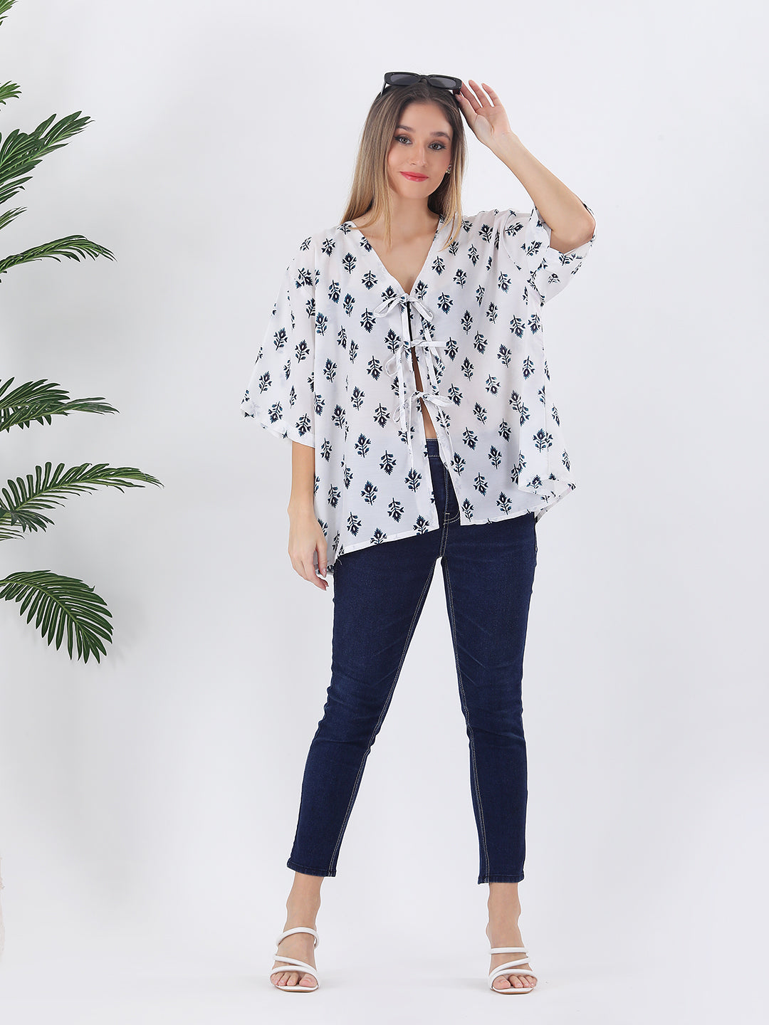 Cotton printed loose fit bow top