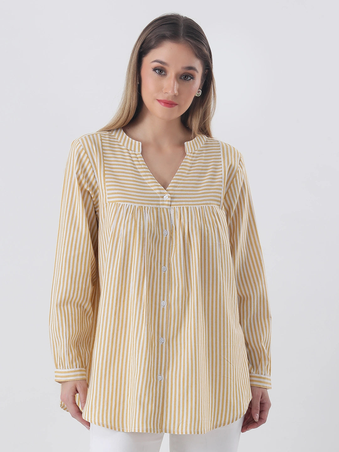 Cotton stripe yolk shirt with mandarin collar