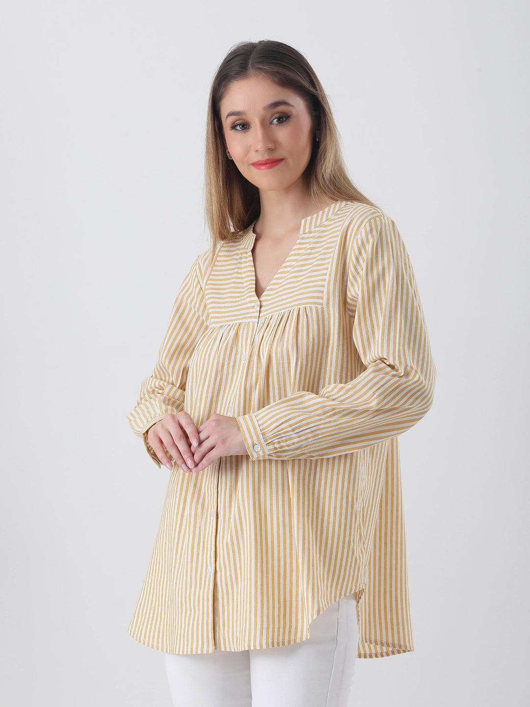Cotton stripe yolk shirt with mandarin collar