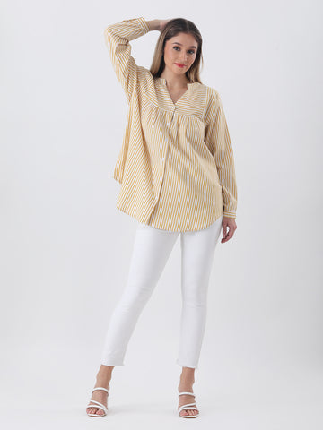 Cotton stripe yolk shirt with mandarin collar