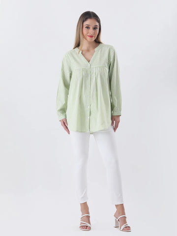 Cotton stripe yolk shirt with mandarin collar