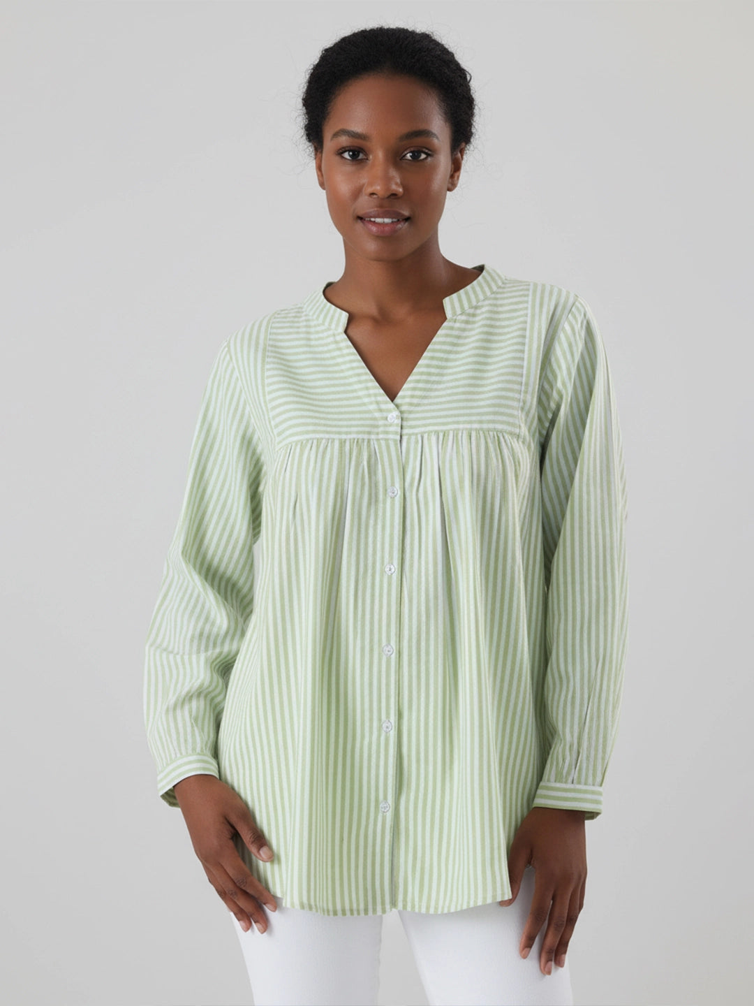 Cotton stripe yolk shirt with mandarin collar