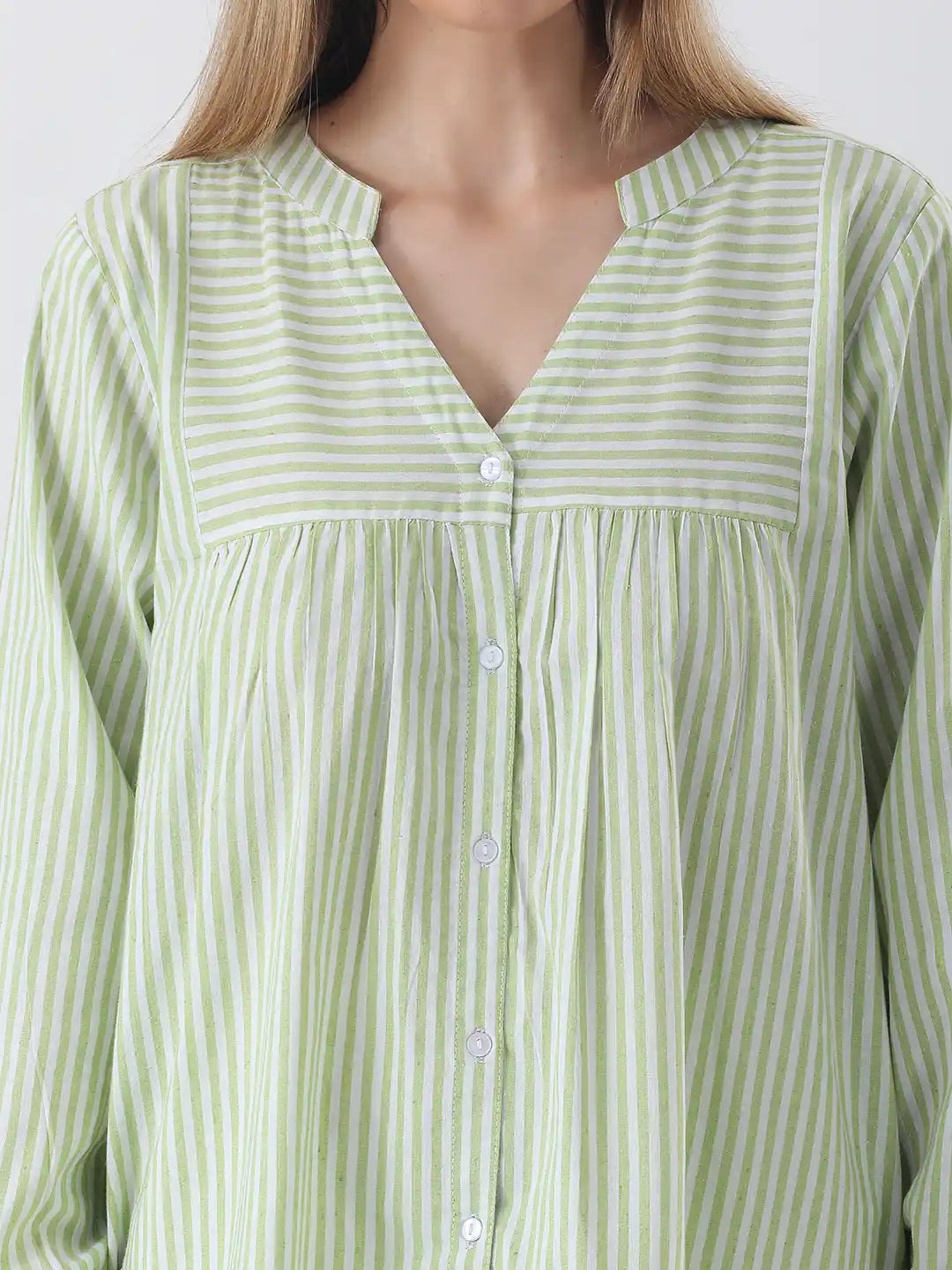 Cotton stripe yolk shirt with mandarin collar