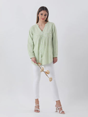 Cotton stripe yolk shirt with mandarin collar