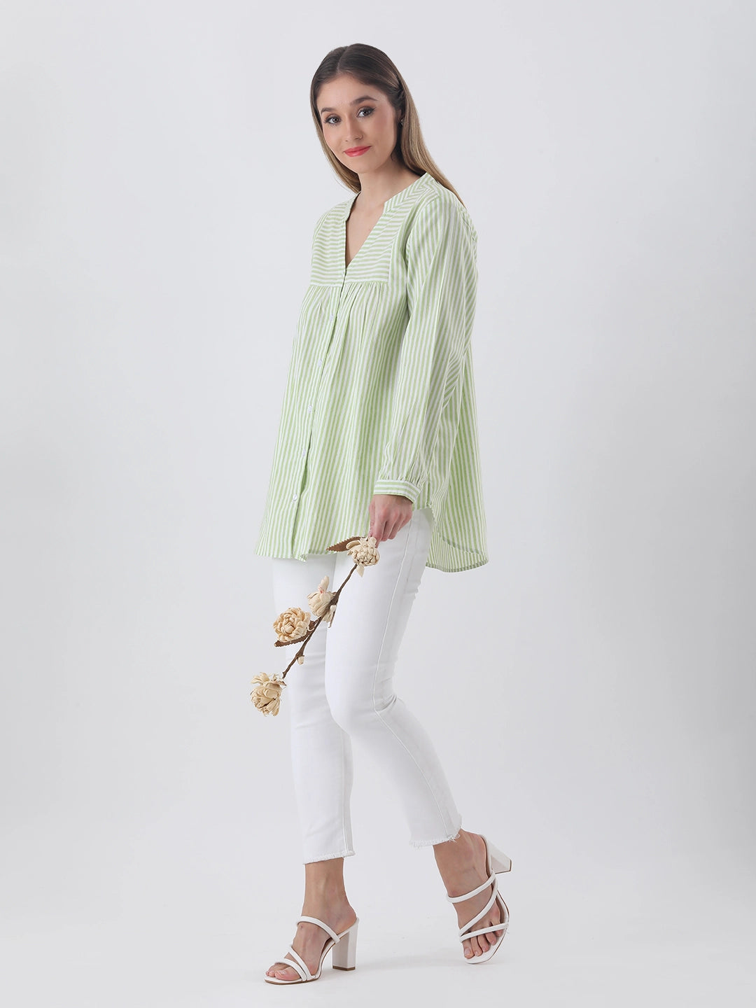Cotton stripe yolk shirt with mandarin collar