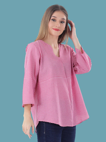 Pink gingham notch neck pleated cotton top