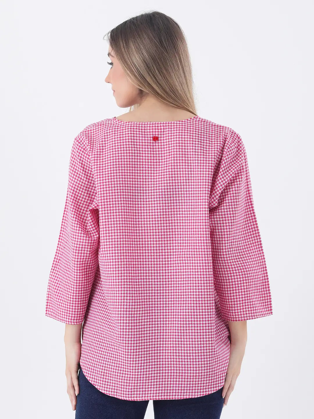 Pink gingham notch neck pleated cotton top