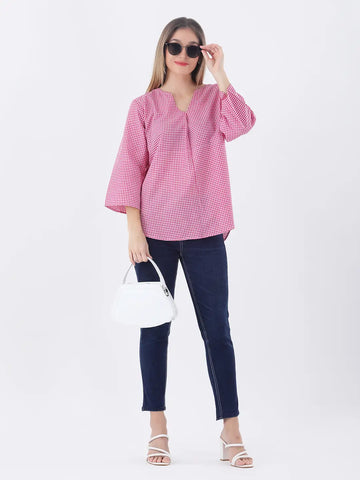 Pink gingham notch neck pleated cotton top