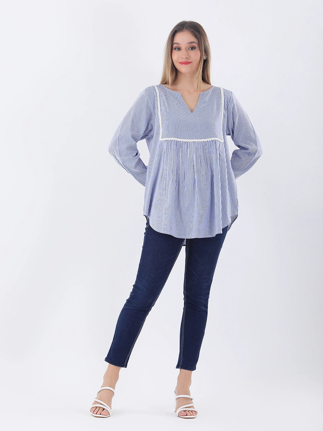 Cotton striped empire top with lace detailing