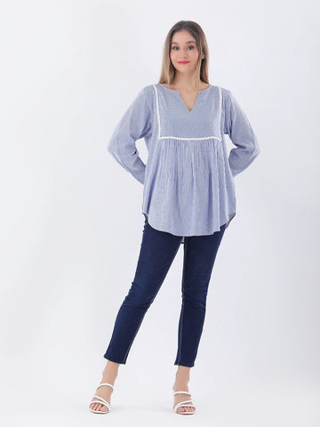 Cotton striped empire top with lace detailing